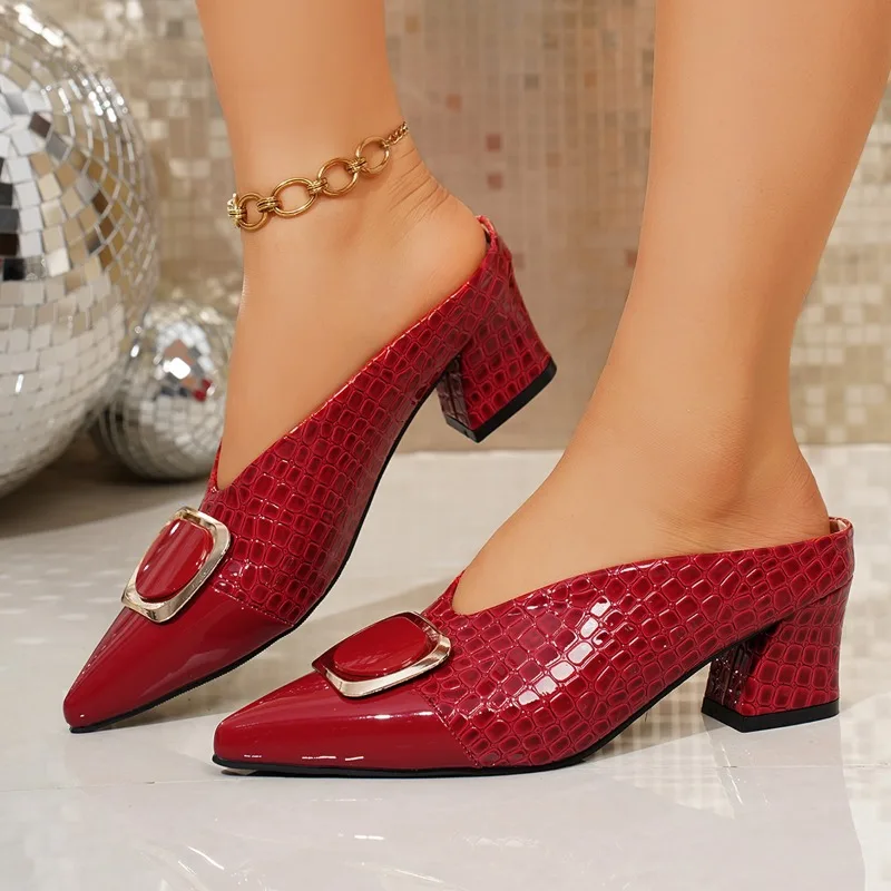Summer New Crocodile Pattern Pointed Toe Women's High Heels 2026 Fashion Metal Decor Square Heel Women Shoes Босоножки Женские
