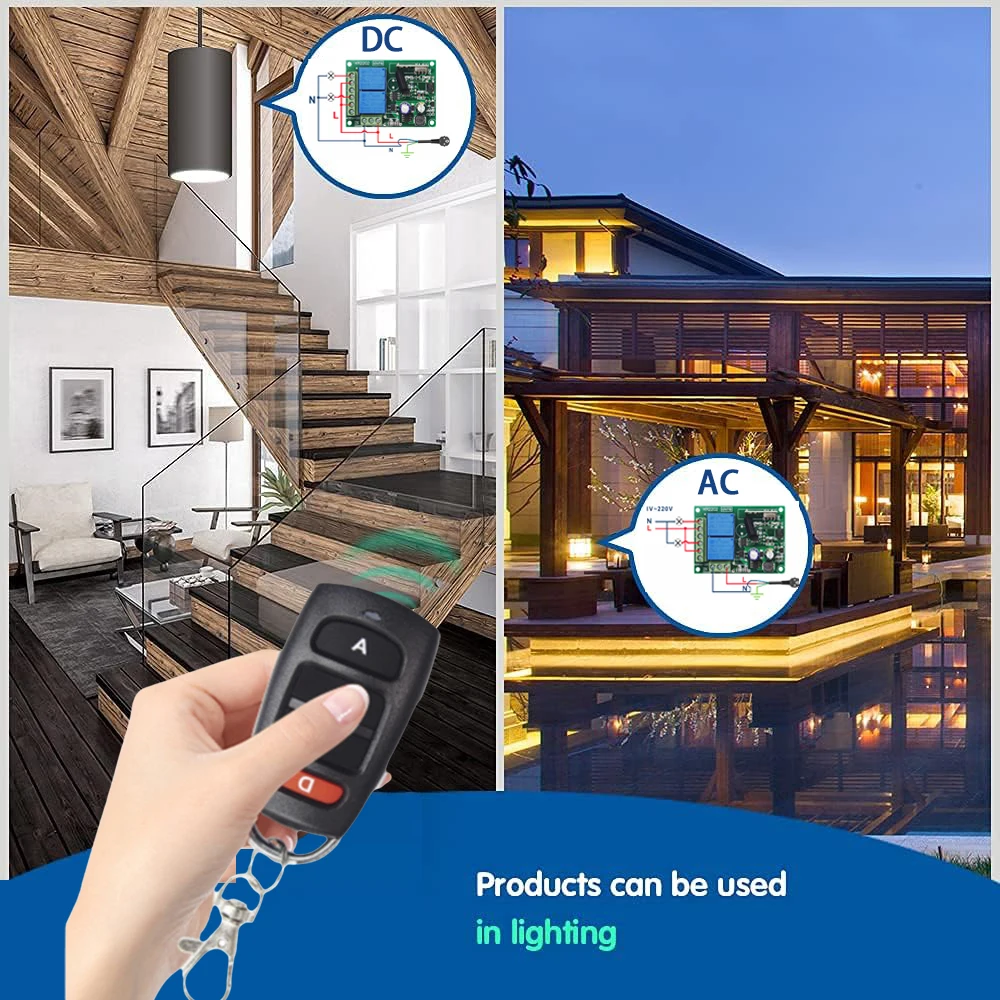 CENFAYA  AC 110V 120V 240V Radio Control Switch 2 Channels 433Mhz RF Wireless Relay Receiver Board and 2 Transmitters 4 Button