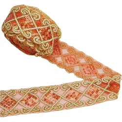 10 Yards Orange Lace Ribbon Trim Embroidered Lace Edge Gold Sequins 63mm Wide Ribbon for Stitching Embroidery Sewing Lace
