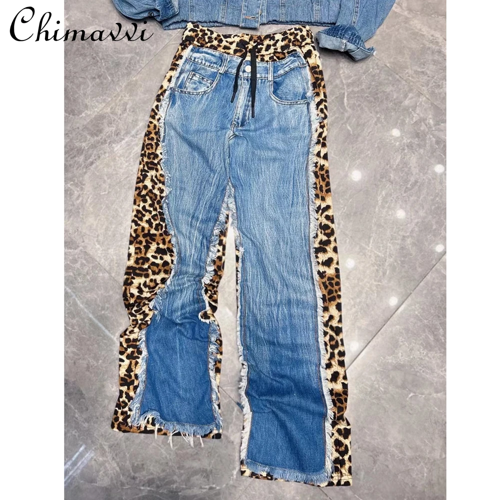 

2024 Autumn and Winter New Elastic Waist Personalized Trend Original Design Leopard Print Splicing Denim Straight Pants Women