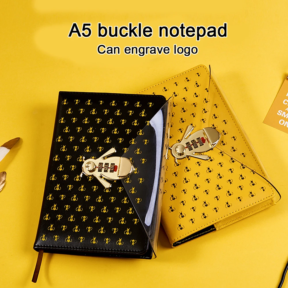 

(Can Engrave Logo) A5 Leather Notebook With Password Lock, Student Password Book, Diary, Notepad, Buckle Business Meeting Record