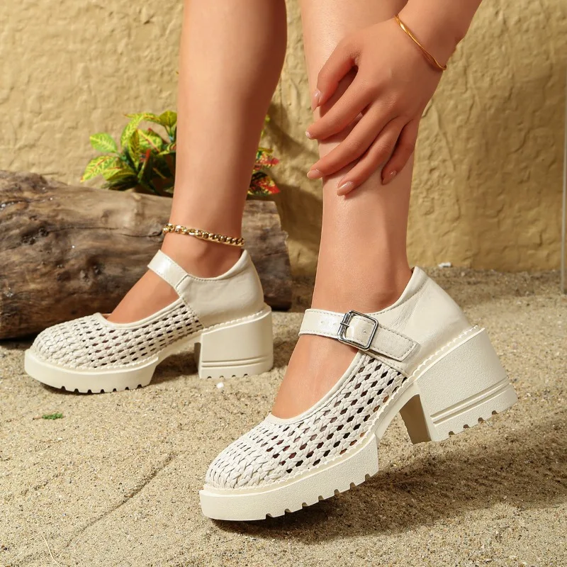 

Female Hollow Out Breathable Thick High-heeled Single Button Thick Round Toe Casual Mesh Mary Jane Shoes
