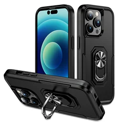 Heavy Duty Armor Shockproof Phone Case For iPhone 11 12 13 14 15 Pro Max Xs XR X 8 7 SE 2022 Metal Ring Holder Back Cover Fundas