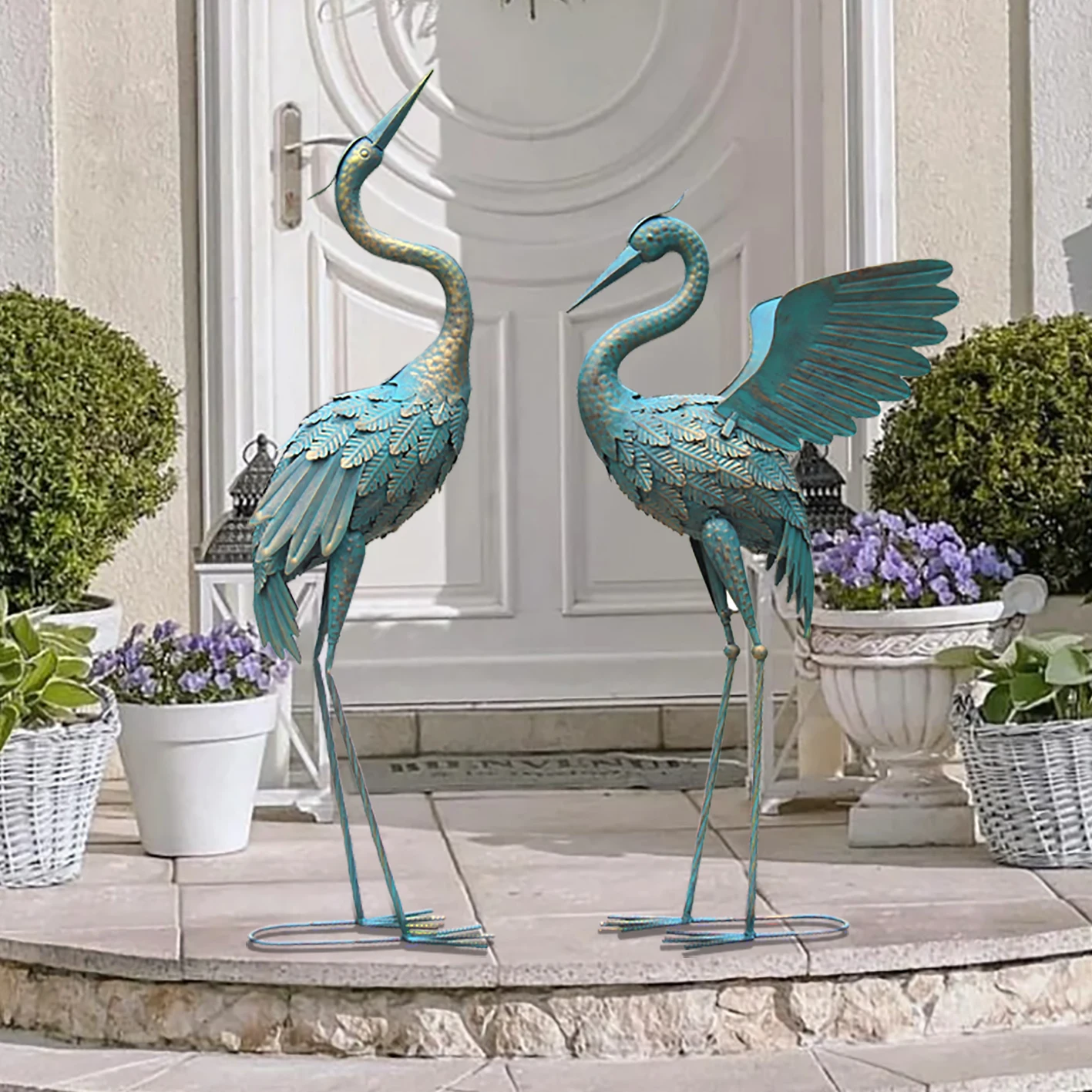 

Cyan Metal Crane Garden Statues Bird Yard Art, Standing Sculptures For Yard Lawn Pond, Vintage Spread Wings Crane Ornament