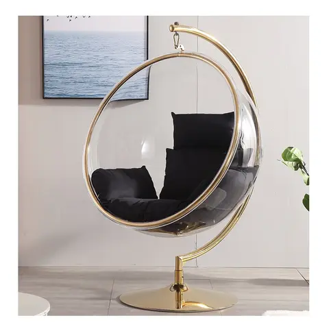Clear Acrylic Bubble Swing Chair with Golden Stainless Steel Stand Gold Silver Fancy Hanging Egg for Outdoor Use Patio Swings