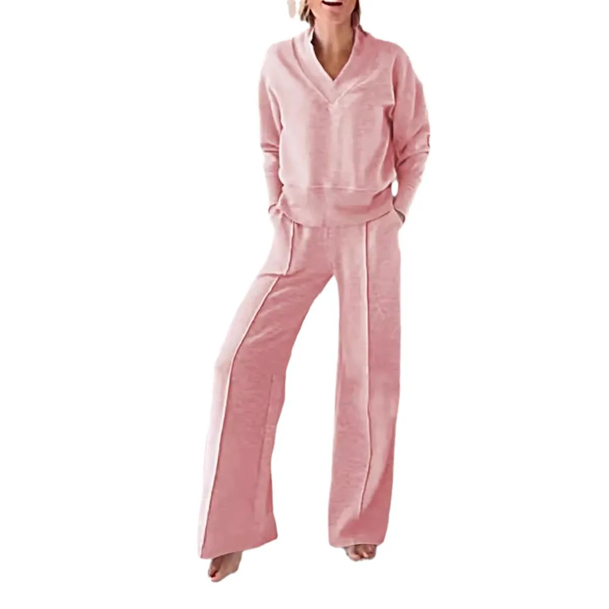 편안한 매칭 라운지웨어 세트, 오버사이즈 V넥 트윈셋, 릴렉스드 롱 슬리브 탑 앙상블, 와이드 레그 팬츠 투피스