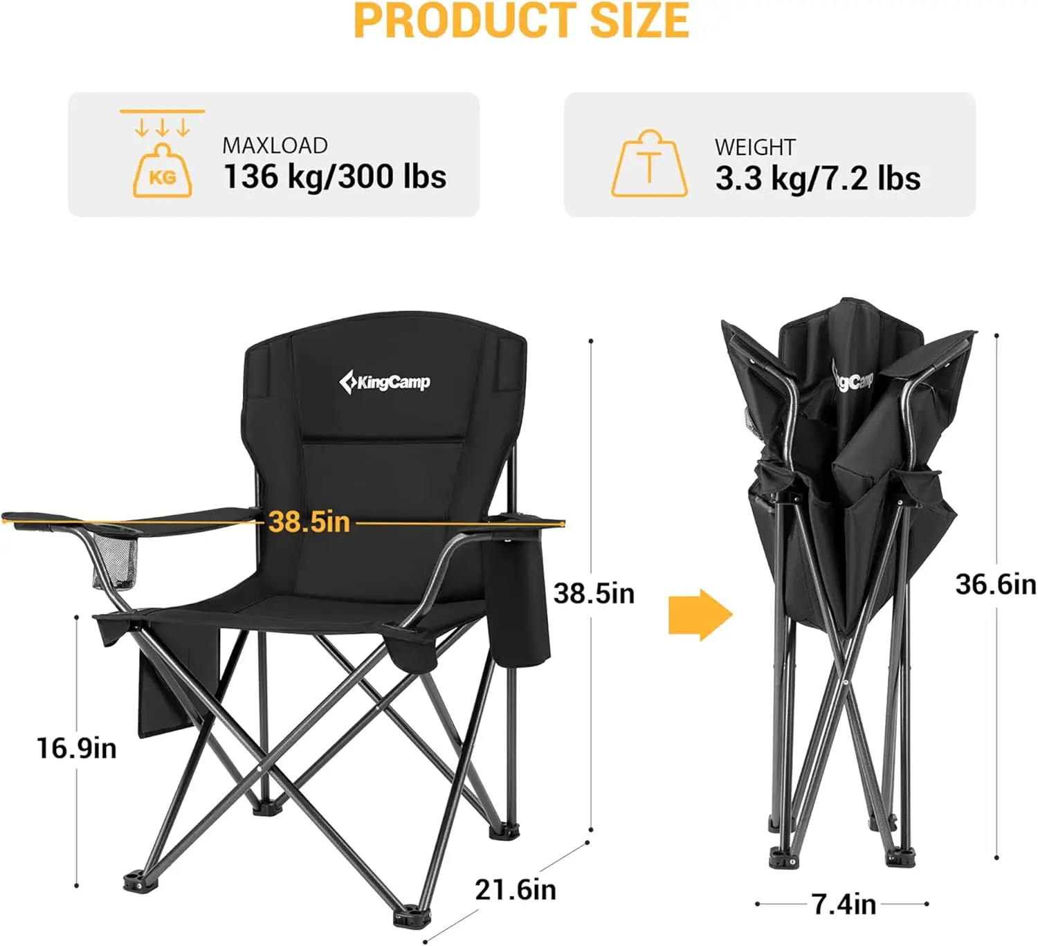 Cadeiras com porta-copos embutido, capa térmica isolada e bolso lateral de armazenamento para ambientes internos e externos, pacote com 2, preto