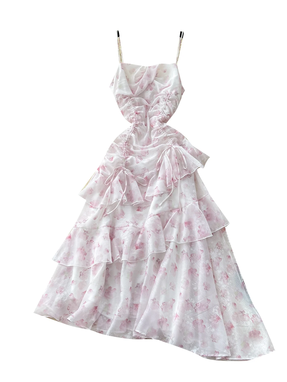 Vestido de Verano con Diseño de Cintura Fruncida y Tirantes, Falda de Vacaciones para Mujer, Dobladillo de Encaje Floral Asim...