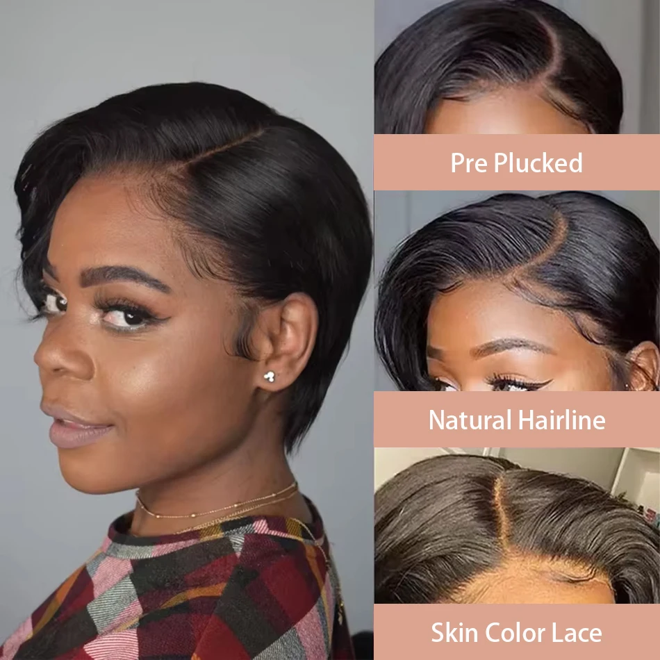 Pixie-Schnitt-Perücke, Echthaar, kurze Perücken für schwarze Frauen, gerade 13 x 4 Lace-Front-Perücken, Echthaar, vorgezupfte Pixie-Schnitt-Perücke, natürlich