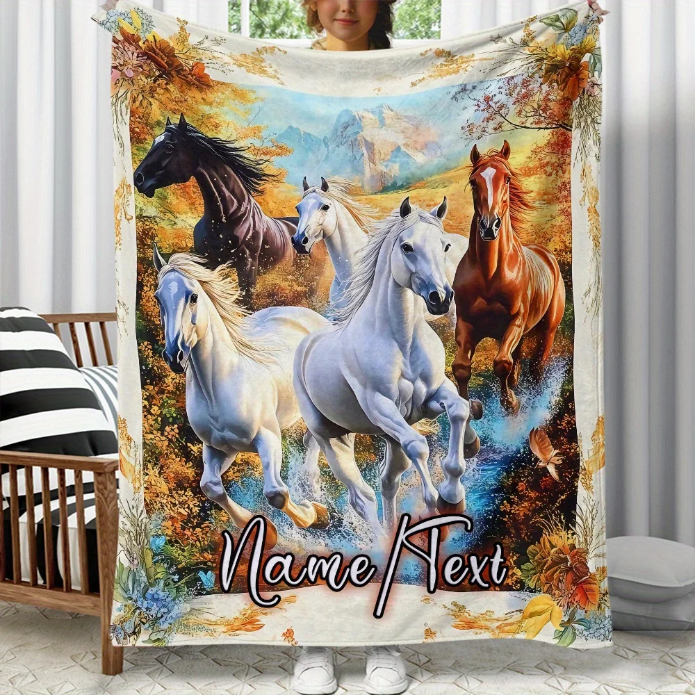 1 Stück Flanelldecke mit individuellem Namen, Vintage-Pferdeherd, leichte, weiche Bettwäsche mit Digitaldruck für Sofas, Betten, Reisen, Camping