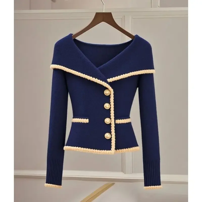 

French Hepburn Style Chic Navy Blue Turn Down Neck Knitted Cardigan for Women Commuting Outerwear Slim Sweater Women Top Q57
