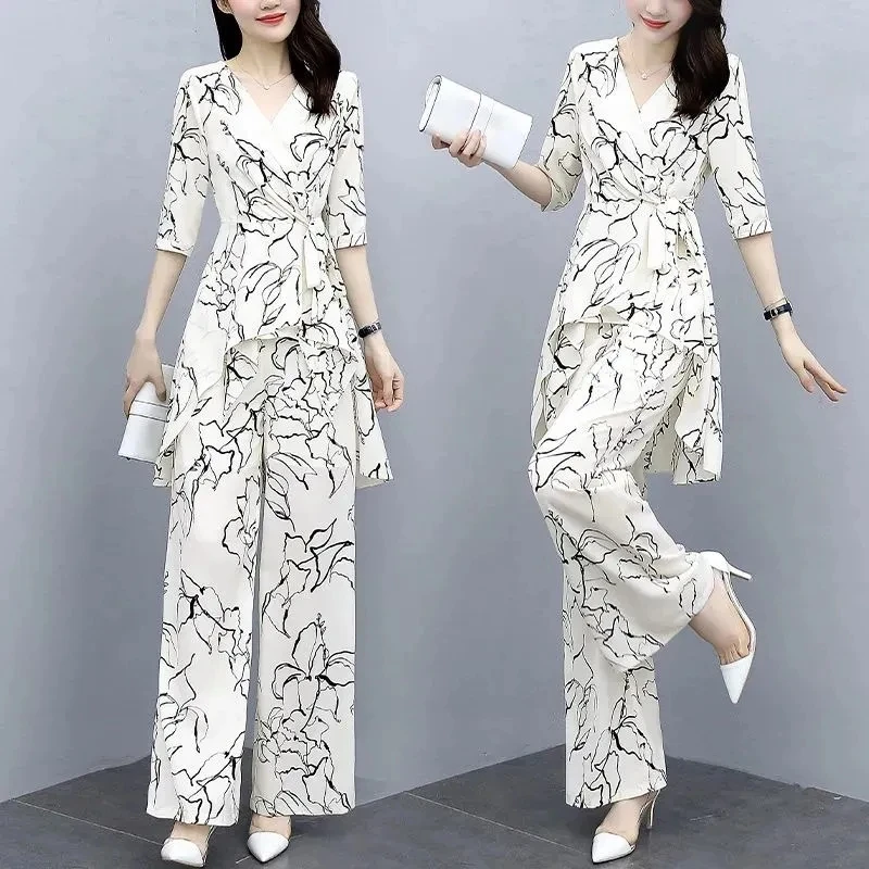 Elegant Print 2 Piece Set Women Outfits Summer Korean Fashion Irregular Blouse + Wide Leg Pant Suit Oversize 4Xl Ensemble Femme