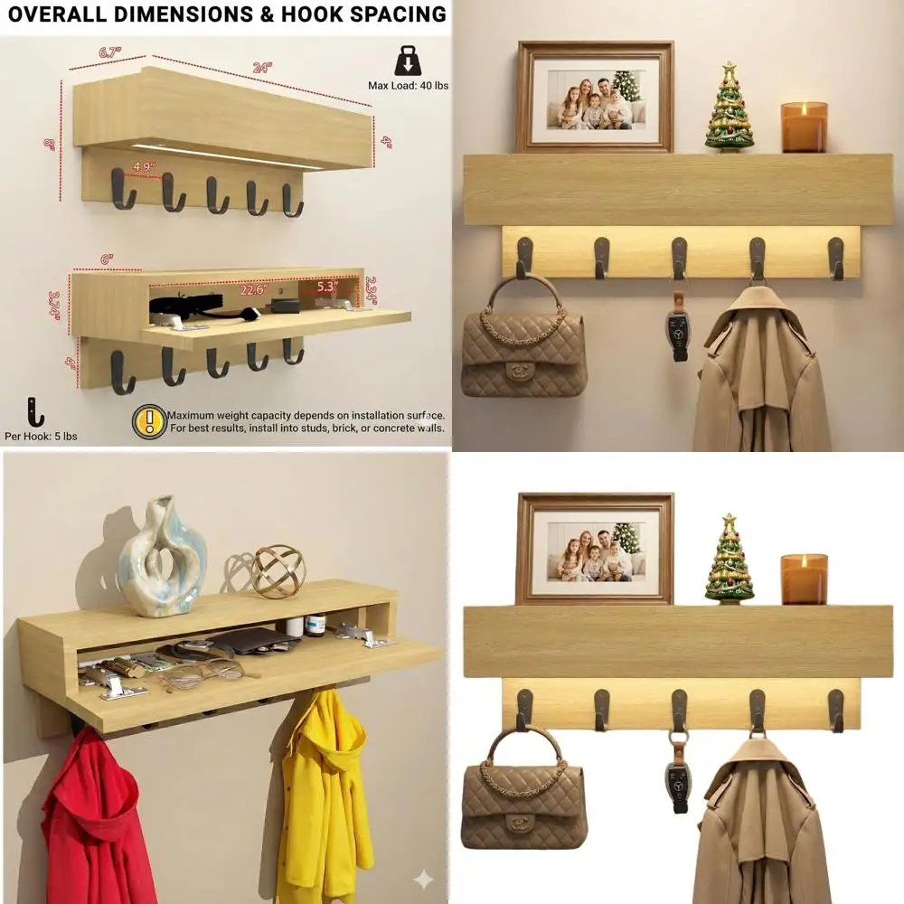 

Wall-Mounted Entryway Shelf with LED Light, Eco-Friendly Oak Wood, Minimalist Storage Organizer for Coats and Bags