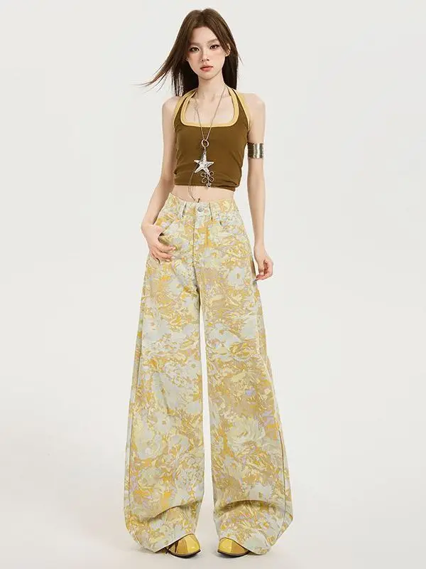 

Ретро Американский Tie Dye Широкие джинсы с цветочным принтом и высокой талией Свободные прямые длинные брюки Женские осенние новые повседневные хлопковые брюки