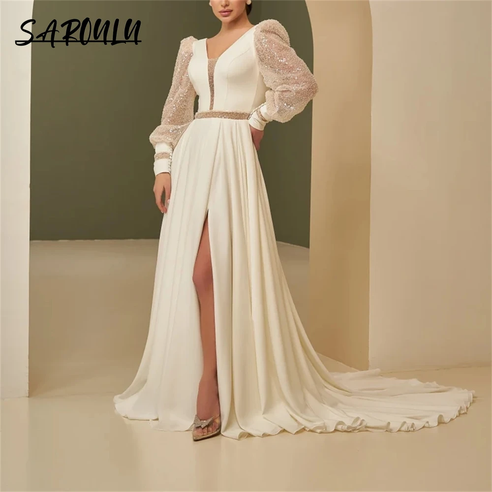 

Sequined Long Sleeves A Line Wedding Dresses For Women With Side Slit Chiffon Illusion Waistline Modern Bride Dress V Neck