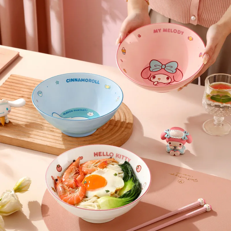 

Sanrio Kawaii Hello Kitty My Melody Ceramic Bowl Cute Cinnamoroll Large Ramen Bowl Cartoon Children Table Setting Gift for Kids