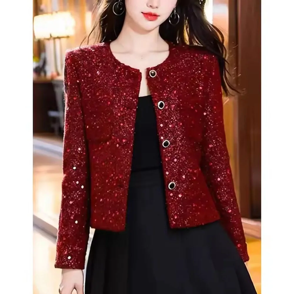 

2026 Spring Autumn New Wine Red Heavy Industry Sequined Short Coat Woman Casual Small Fragrance Style Coat Outerwear Top Ladies