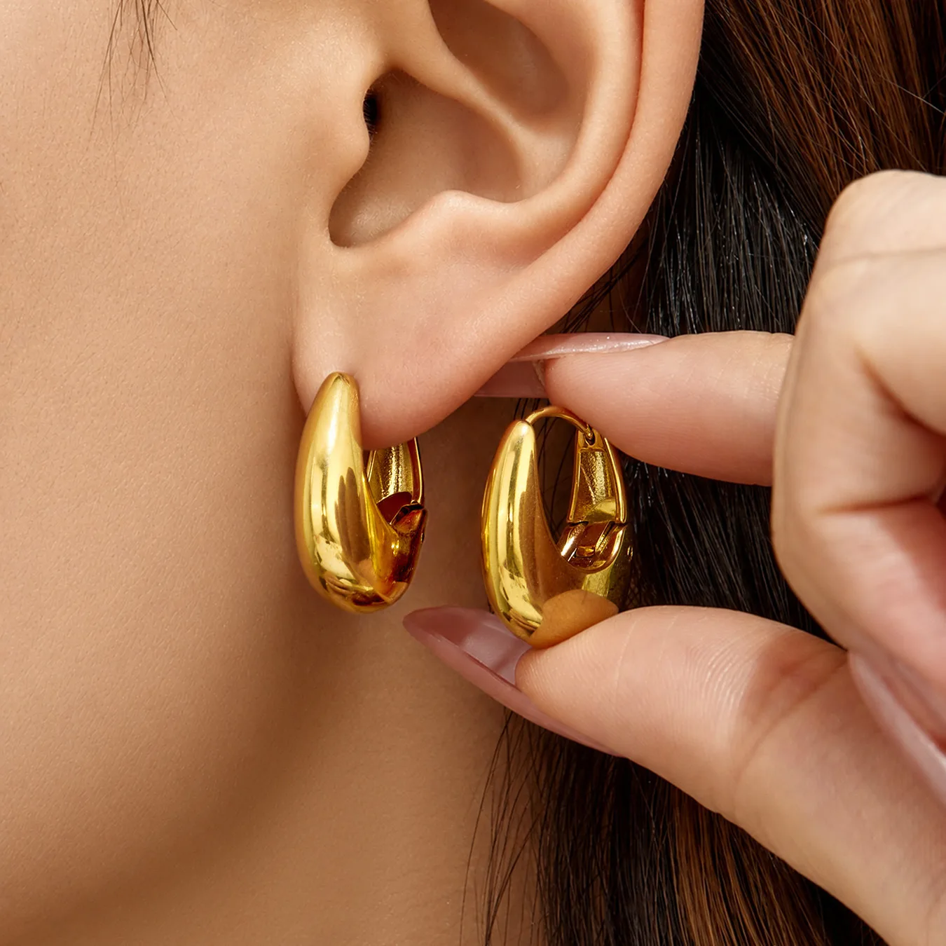 8K Gold Plated Stainless Steel Hoop Earrings for Women, Chunky U Shape Huggie Hoop Earrings, Waterproof Minimalist Jewelry Gift