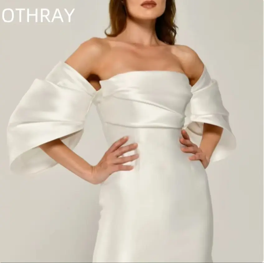 Pleat Satin Strapless Bridal Gown Elegant NEW Simple Detachable Puffy Sleeves Mini Sheath Wedding Dress Off The Shoulder
