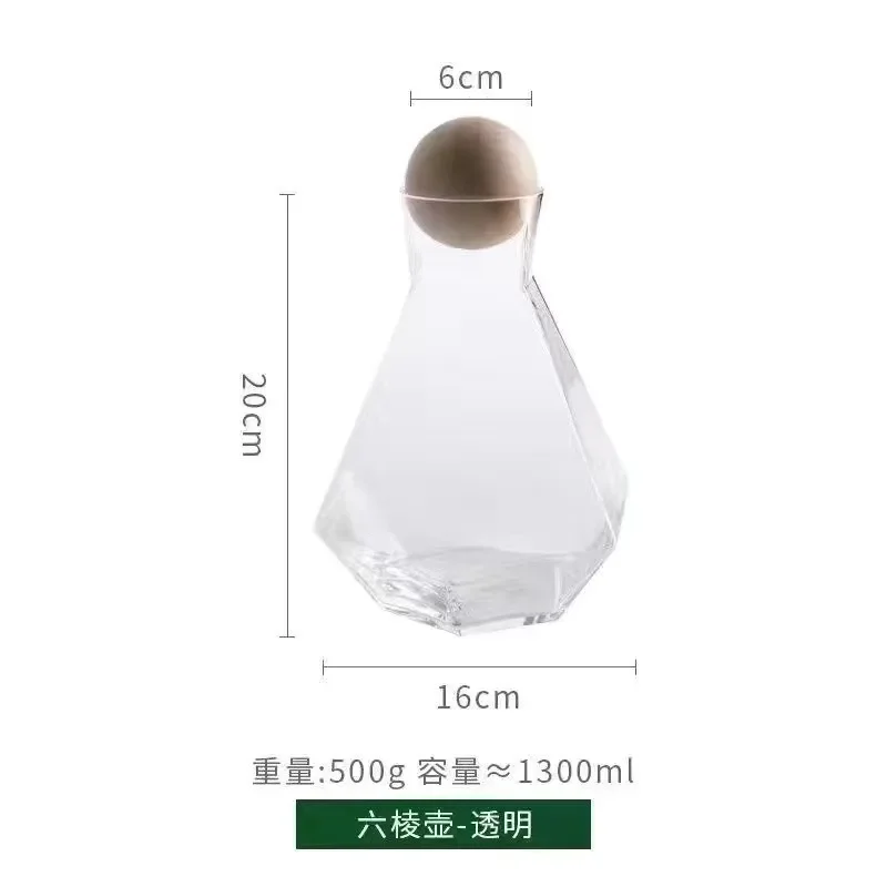 Luxury Diamond Shape Glass Water Kettle with Natural Wood Ball Lid Clear Cold Water Jug Juice Beverage Pitcher Home Drinkware