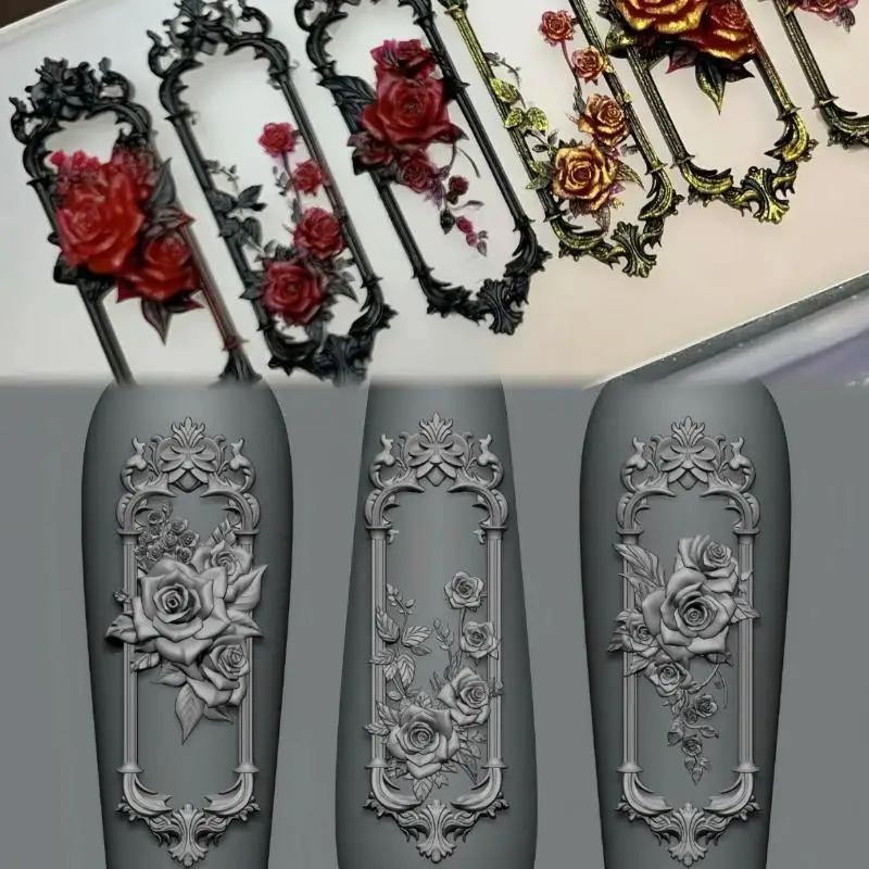 1 Uds. Moldes Retro 3D para uñas, marco de ventana, marco de flor rosa, molde para uñas, plantilla de silicona tallada 3D, herramientas de decoración para manicura DIY