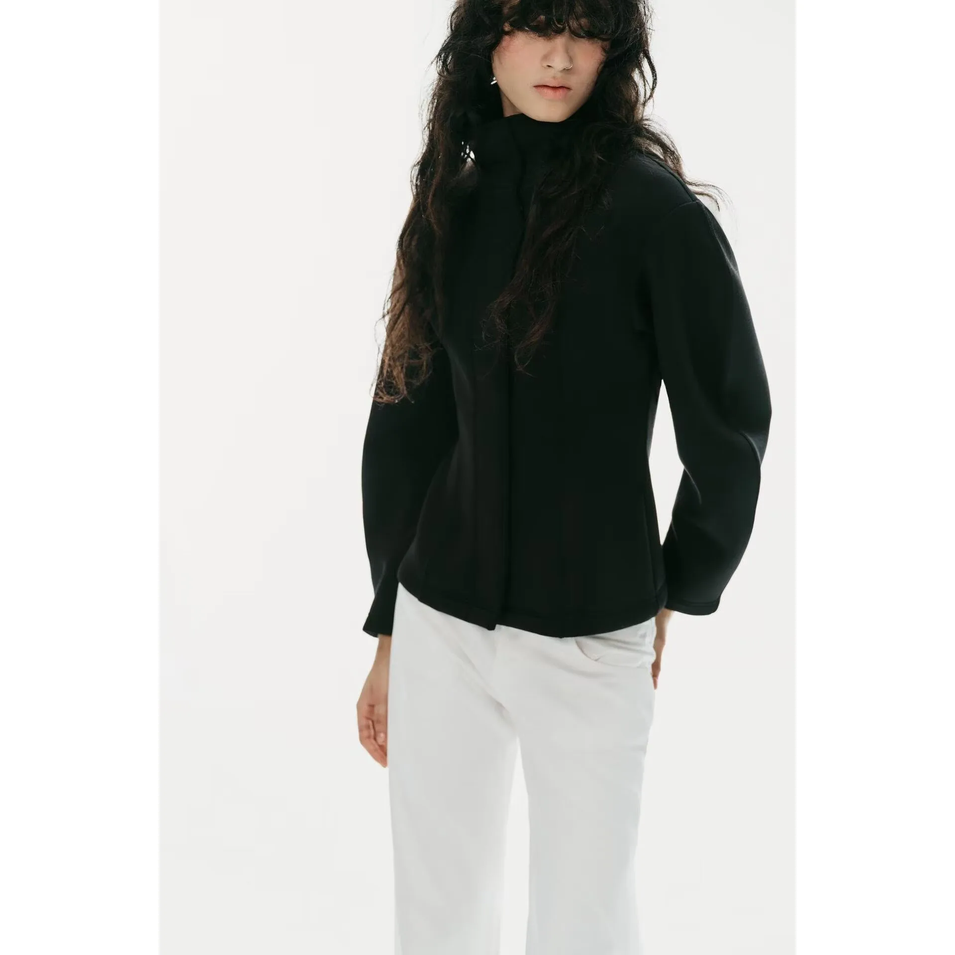 Fashionable Casual Stand Collar Short Coat for Women Autumn Winter Polyester Fiber Long Sleeve Button Closure Standard Fit
