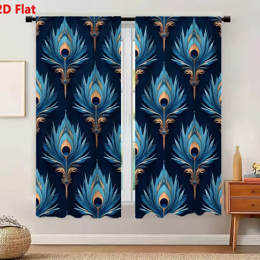 2Pcs Curtains 2D Flat Peacock Feathers Pattern Repeating On Dark Blue Background With Vibrant Blue Teal Hues Golden Brown Accent