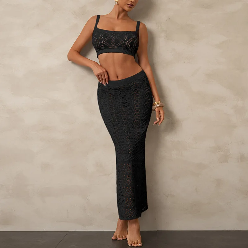 المرأة مثير بيكيني عطلة فستان مجوف موضة واقية من الشمس قطعتين مجموعة بلوزة الشاطئ فستان ماكسي لقضاء عطلة الصيف #4