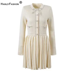 Luxury Design Fancy Pearls Beading Women Elegant Knitted A-line Pleated Beige Dress Crystal Buttons Party Clothing