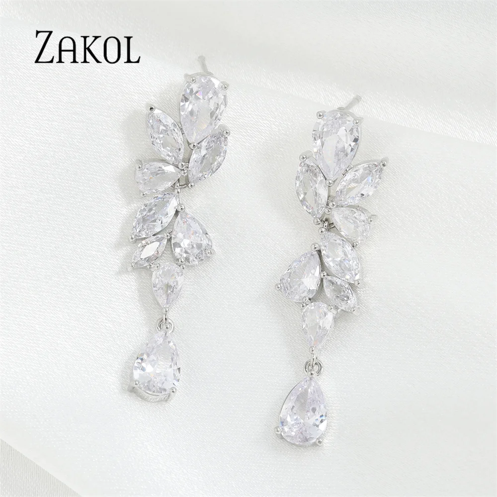 

ZAKOL Exquisite Water Drop Cubic Zirconia Dangle Earrings for Women Fashion Leaf Long Earring Bridal Wedding Jewelry