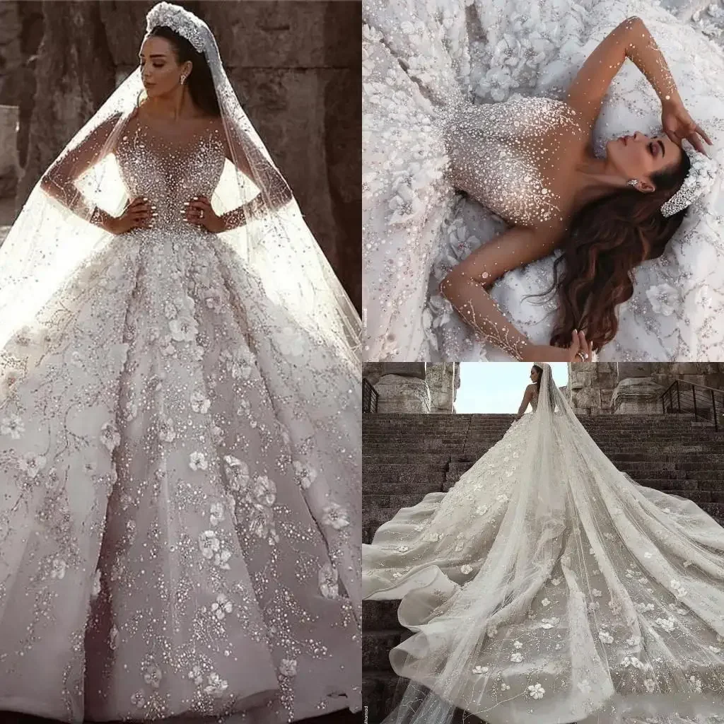 Maßgeschneiderte 2023 Ballkleid Langarm Brautkleider Luxus Kristall Perlen 3D Blumen Spitze Plus Größe Saudi Arabisch Dubai Braut