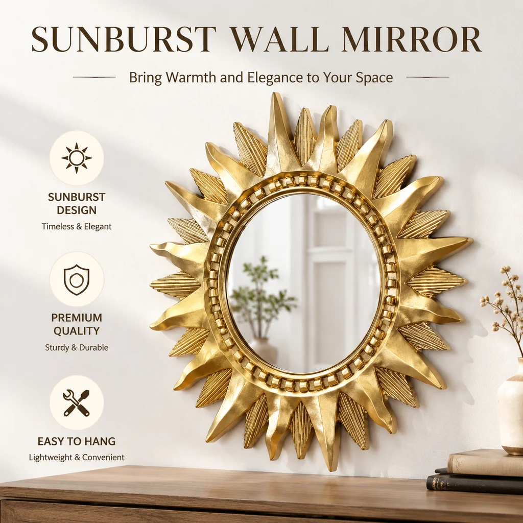 Modern Gold-Tone Wall Mirror – European-Inspired Minimalist Decorative Mirror for Bedroom, Bathroom & Living Room
