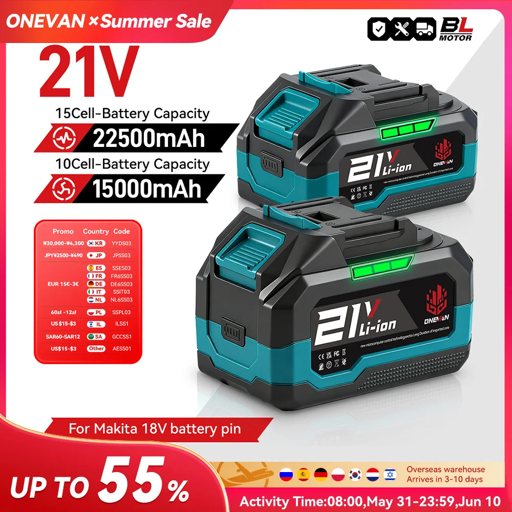 Batterie au lithium ONEVAN 22500mAh 15000mAh avec indicateur de capacité rechargeable pour outils électriques Makita 21V 18V