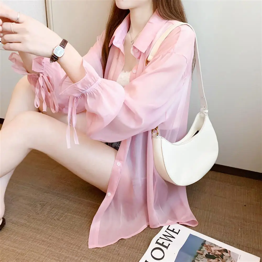 

Super Fairy Sunscreen Clothes Women's Summer UV-proof Breathable Chiffon Cardigan Coat 2023 New Thin Shirt Bow Long Sleeve Tops