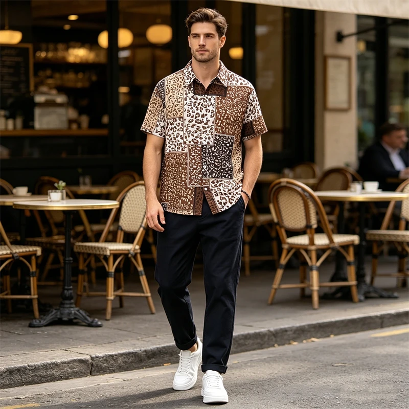 2026 Leoparden-Patchwork Freizeithemd für Herren Sommer Hawaiianisches Strandhemd mit Gepardenmuster Knopfleiste Relaxed Fit Trendiges Oberteil – Detail 3