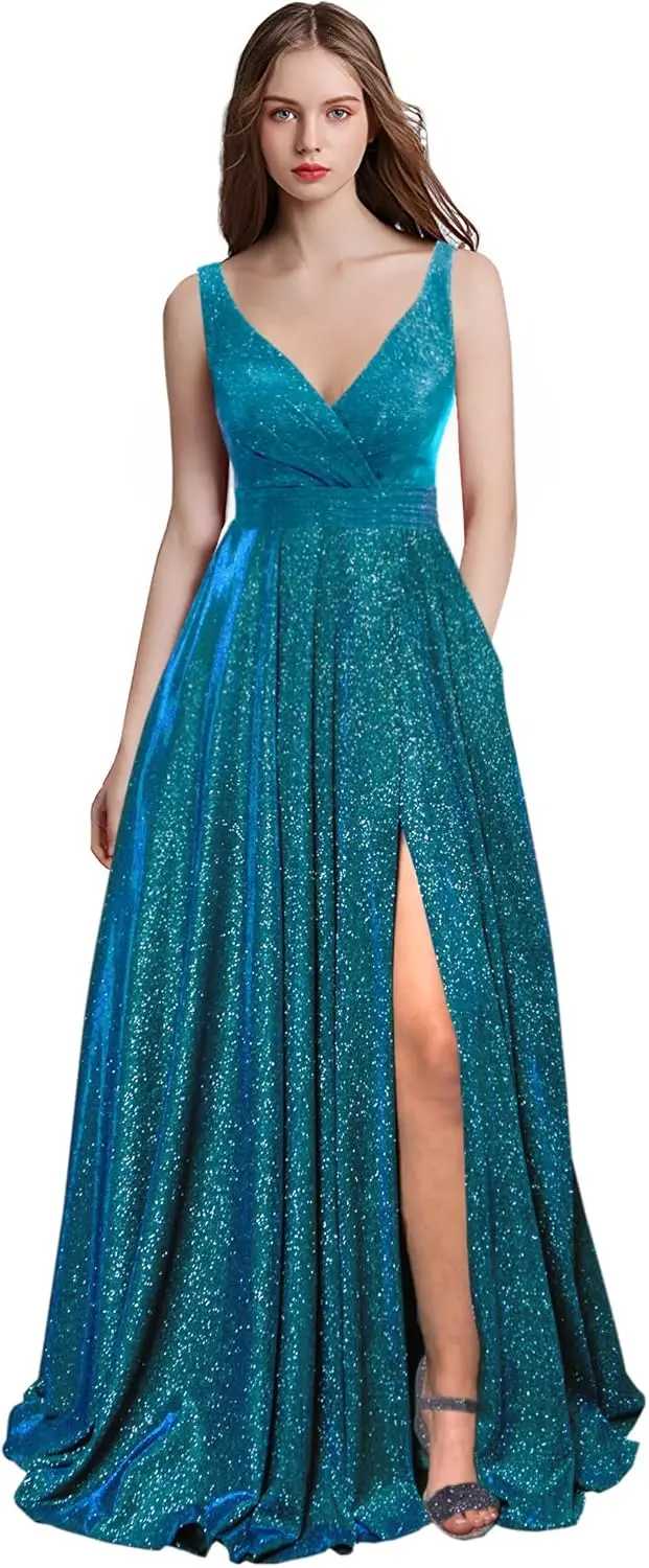 Abito da sera formale lungo con scollo a V da donna con tasche, abito da ballo con spalle scoperte e spalline sottili, abito da cena per occasioni formali