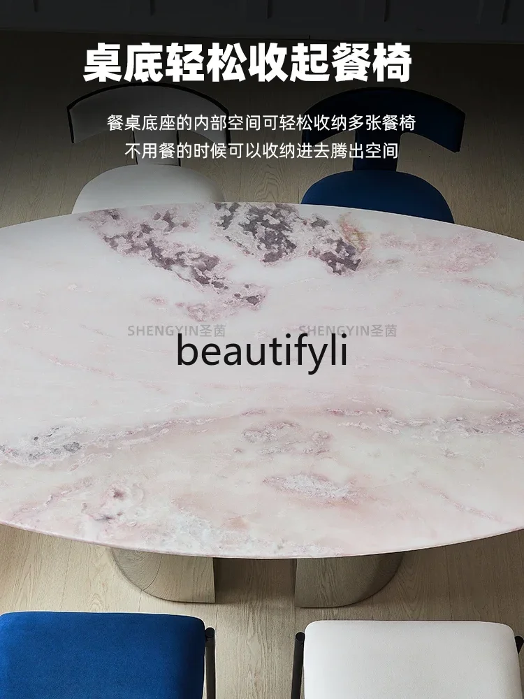 A32 Pink Diamond Luxury Stone Dining Table Translucent French Style Pure Natural Marble Oval Dining Table