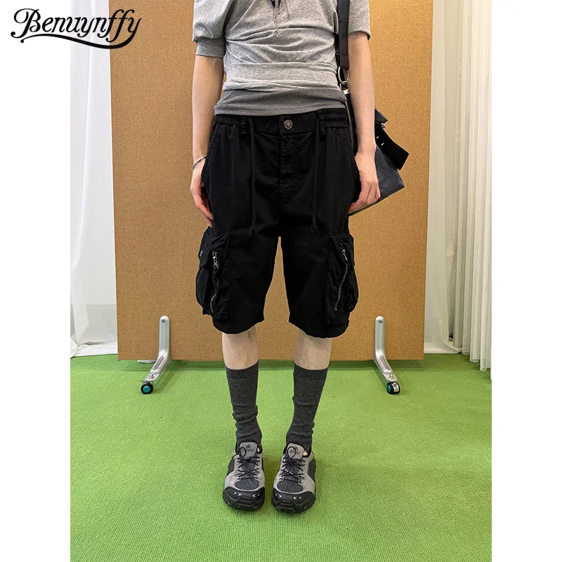 Benuynffy Solid Color Multi-pocket Loose Cargo Shorts Women 2026 Summer New Drawstring Casual Streetwear Female Half Pants