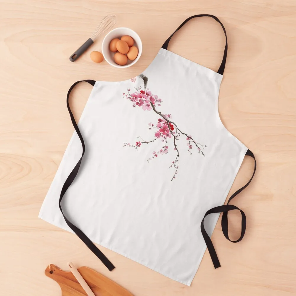 

Little blossoming sakura branch with delicate purple pink flowers Oriental Zen style sumi-e artwork art print Apron