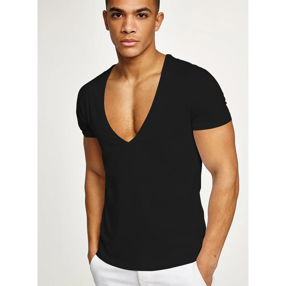 European And American Plus Size Men\'s Fitness Sports Running Short-Sleeved 100 Cotton Sexy Deep V-neck T-shirt Summer Hot Sale