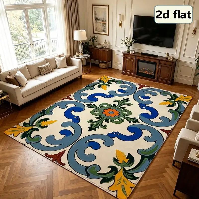 1 Piece Of Vintage Mediterranean Floral Tile Design Rug, Soft Comfortable, All Seasons Suitable, Easy To Maintain, Home Decor, Room Decor, Living Room, Bedroom, Entryway, Autumn And Winter