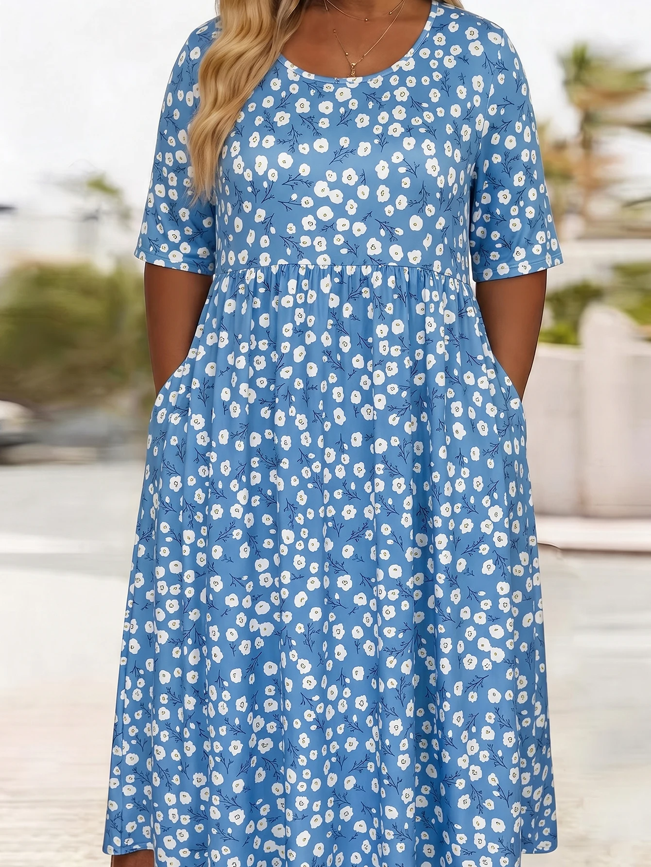 

Plus Size Blue Ditsy Floral Print Half Sleeve Midi Dress, Round Neck Casual Sundress With Side Pockets, Daily Vacation Dress