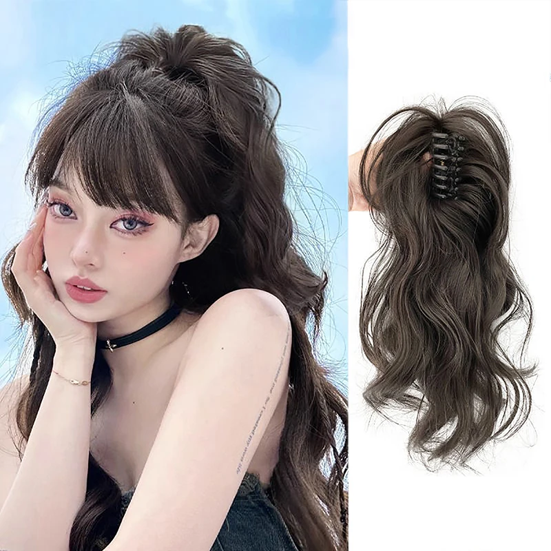 Korean Ponytail Extensions Synthetic Fiber Highlighted Claw Clip In Long Curly Ponytail Wigs For Women Heat Resistant Hair Piece