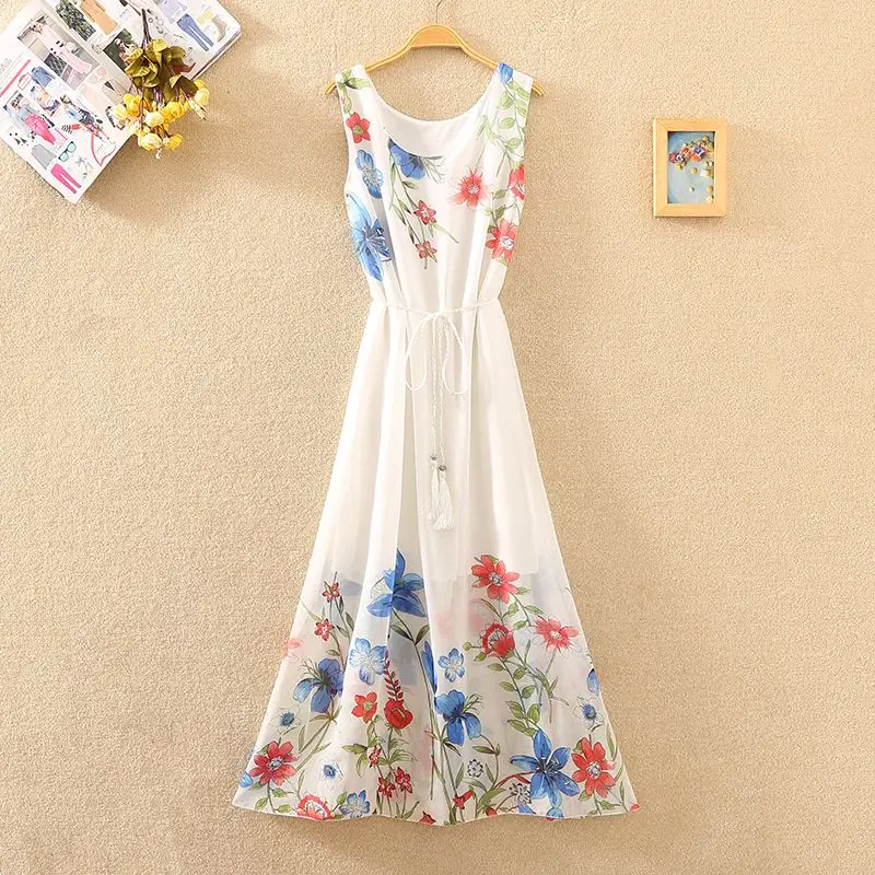 Sand Vacation Summer 2024 New Chiffon Colorful Dress Bohemia Sleeveless Printing Multicolor Lower Back Loose Comfortable Dress