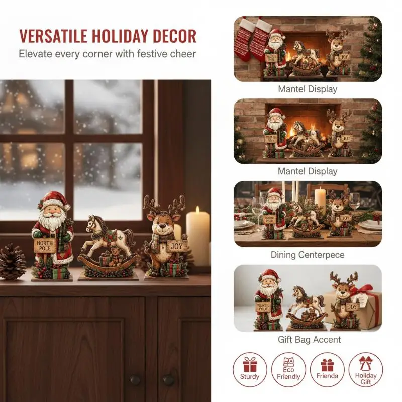 3Pcs 2D Flat Wooden Christmas Decor Set, Vintage Santa Reindeer Rocking Horse For Mantel Tabletop Decor