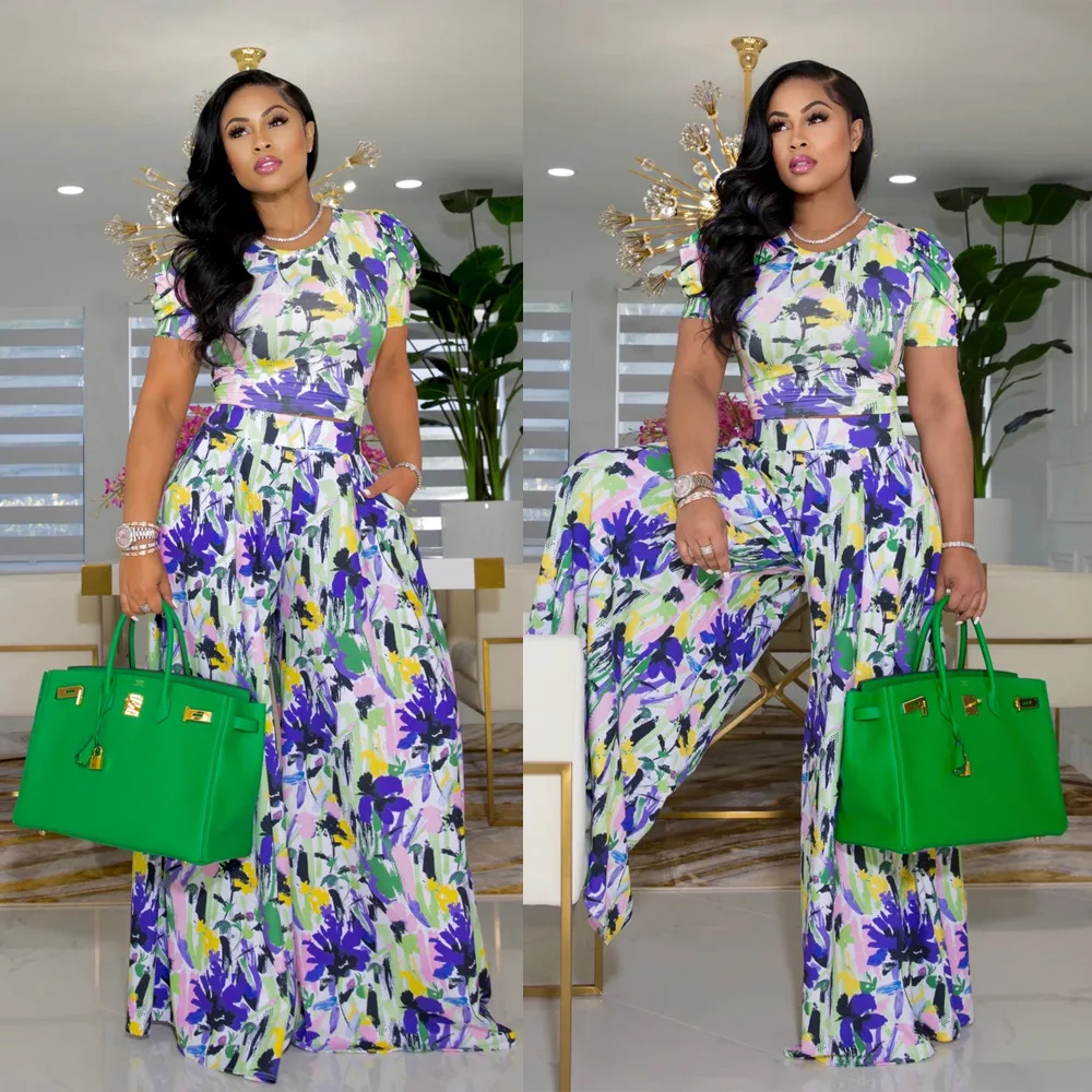 Women's 2-piece Set 2024 Summer New Three-quarter Sleeve Casual Commute Style Lace-up Printed Puff Sleeve Suit Wide-leg Pants