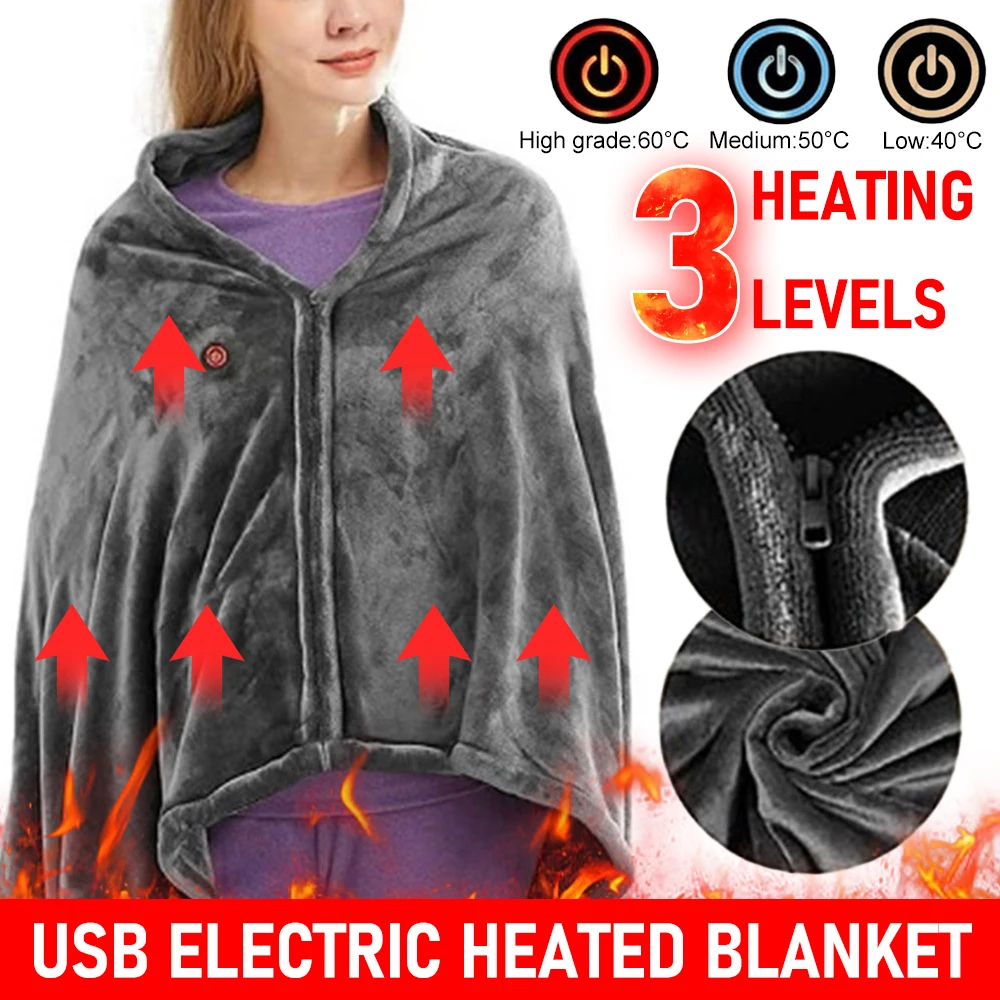 

USB Electric Heated Blanket 3 Heating Level Fleece Heated Blanket Wearable Heating Shawl Blanket Quickly Heated Cape Pad Blanket