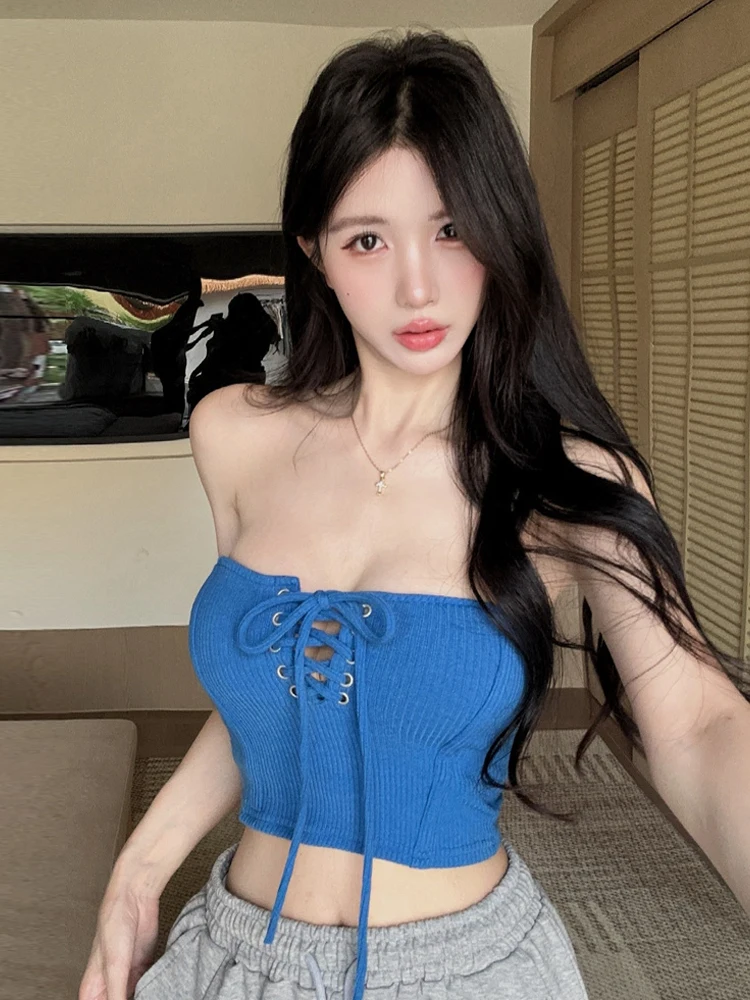 Sexy Spicy Girl Tie-Detail Hollow out One-Shoulder Crop Top Pure Desire Style Slimming Short Length Belly Baring Vest