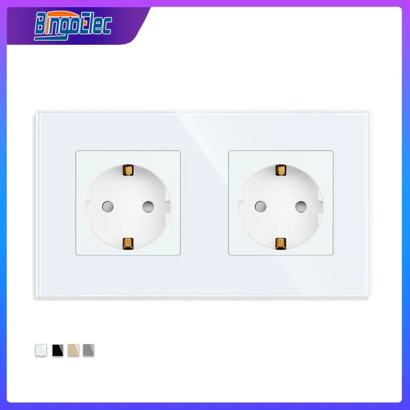 Bingoelec EU Standard Wall Sockets Double Sockets Crystal Glass Panel 157mm 16A White Grey Black Gloden Electrical outlets