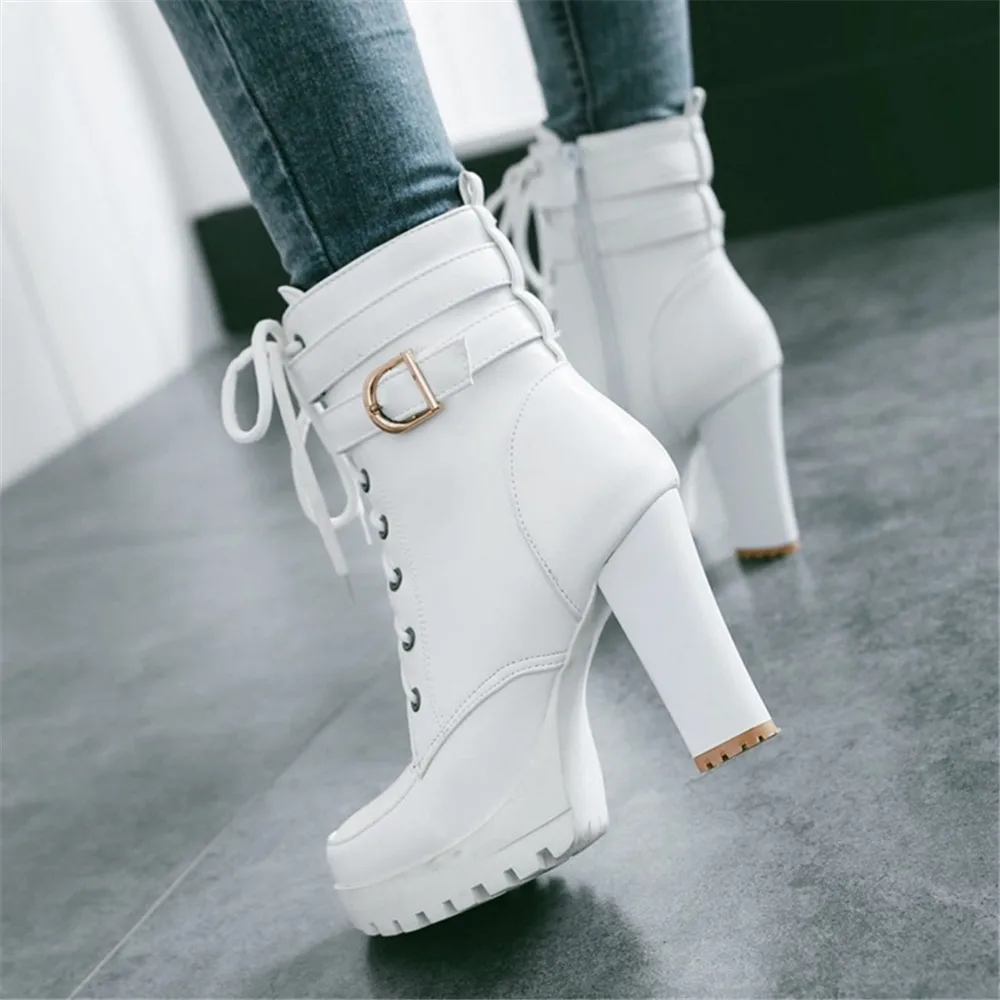 Buty damskie Buty motocyklowe Jesień Zima Buty damskie 2024 Stylowe damskie buty za kostkę Platforma na wysokim obcasie Sexy Botas Buckle White